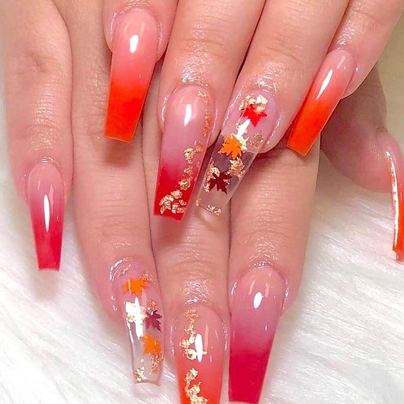 CJDLTS Thanksgiving Press on Nails Long Ballet Shaped Maple Leaf Sequins Design Fall False Nail Full Cover Glossy Gradient Stick on Nail Acrylic Artificial Fingernails Festival Glue on Nails for Women - Image 1